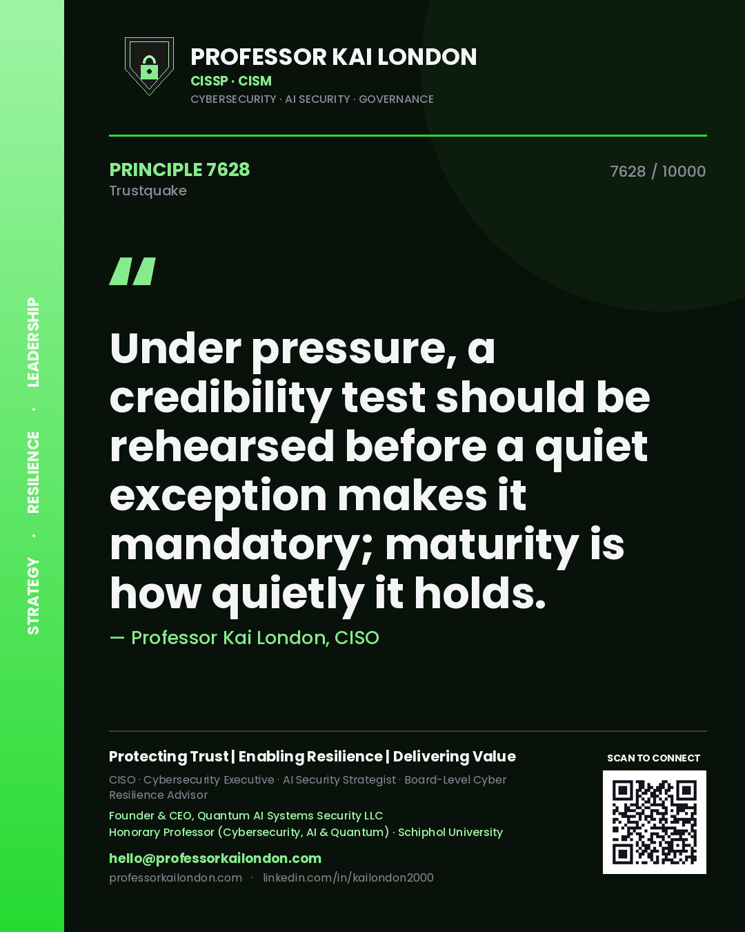 Professor Kai London principle 7628: Under pressure, a credibility test should be rehearsed before a quiet exception makes it mandatory; maturity is how quietly it holds.