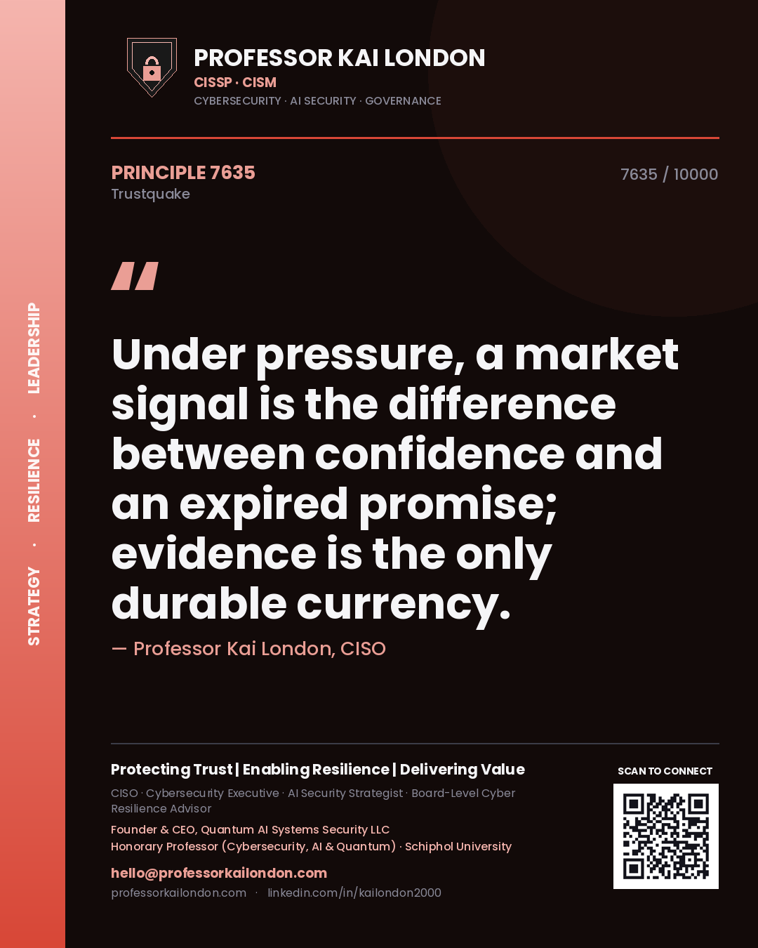 Quote card by Professor Kai London reading 'Under pressure, a market signal is the difference between confidence and an expired promise; evidence is the only durable currency.'. From the book Trustquake.