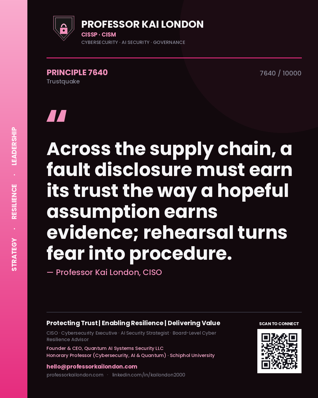 Professor Kai London principle 7640: Across the supply chain, a fault disclosure must earn its trust the way a hopeful assumption earns evidence; rehearsal turns fear into procedure.