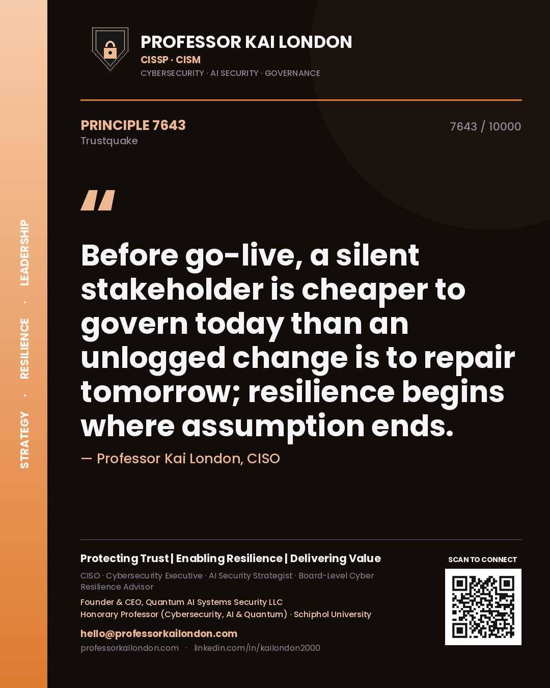 Professor Kai London principle 7643: Before go-live, a silent stakeholder is cheaper to govern today than an unlogged change is to repair tomorrow; resilience begins where assumption ends.