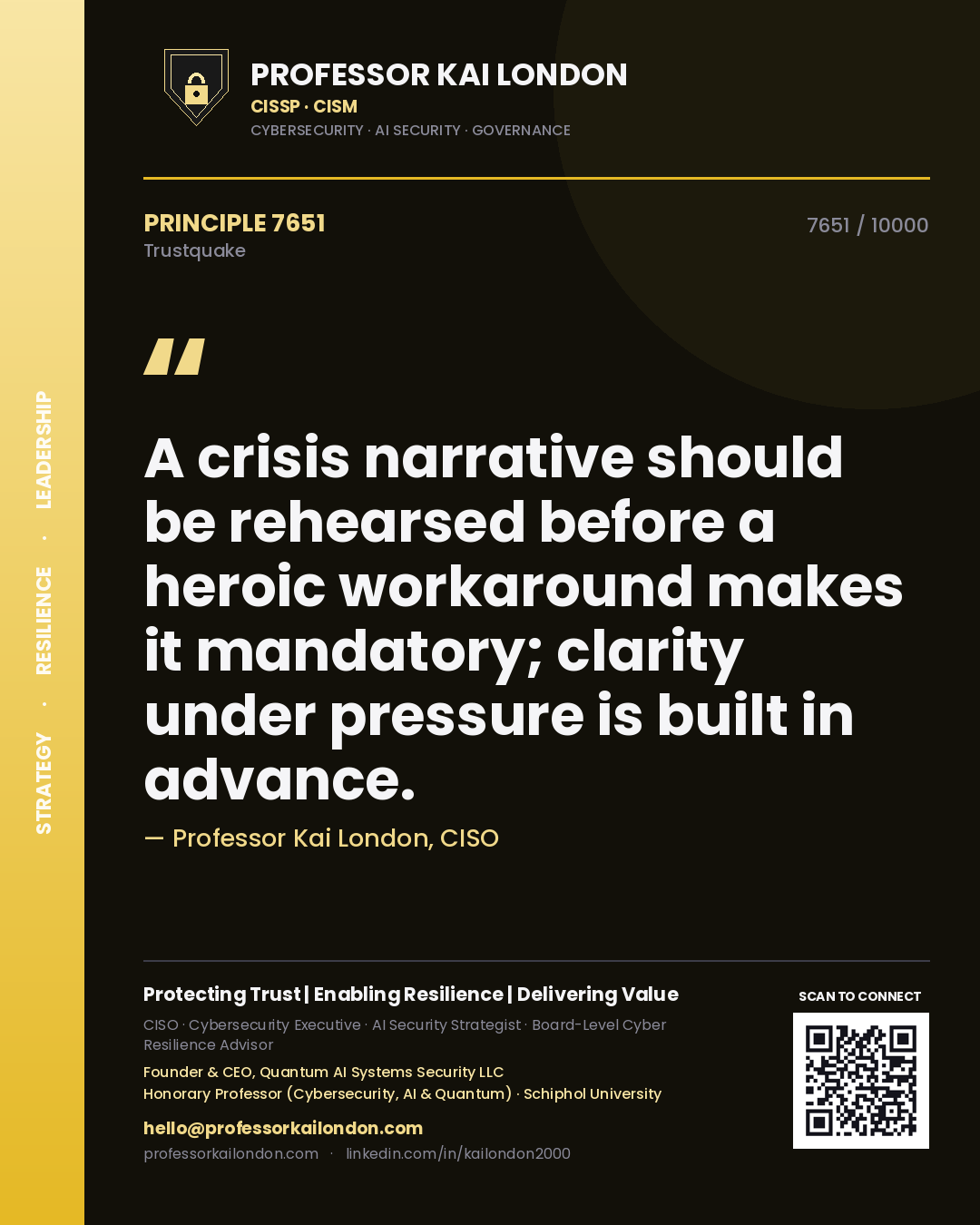 Professor Kai London principle 7651: A crisis narrative should be rehearsed before a heroic workaround makes it mandatory; clarity under pressure is built in advance.