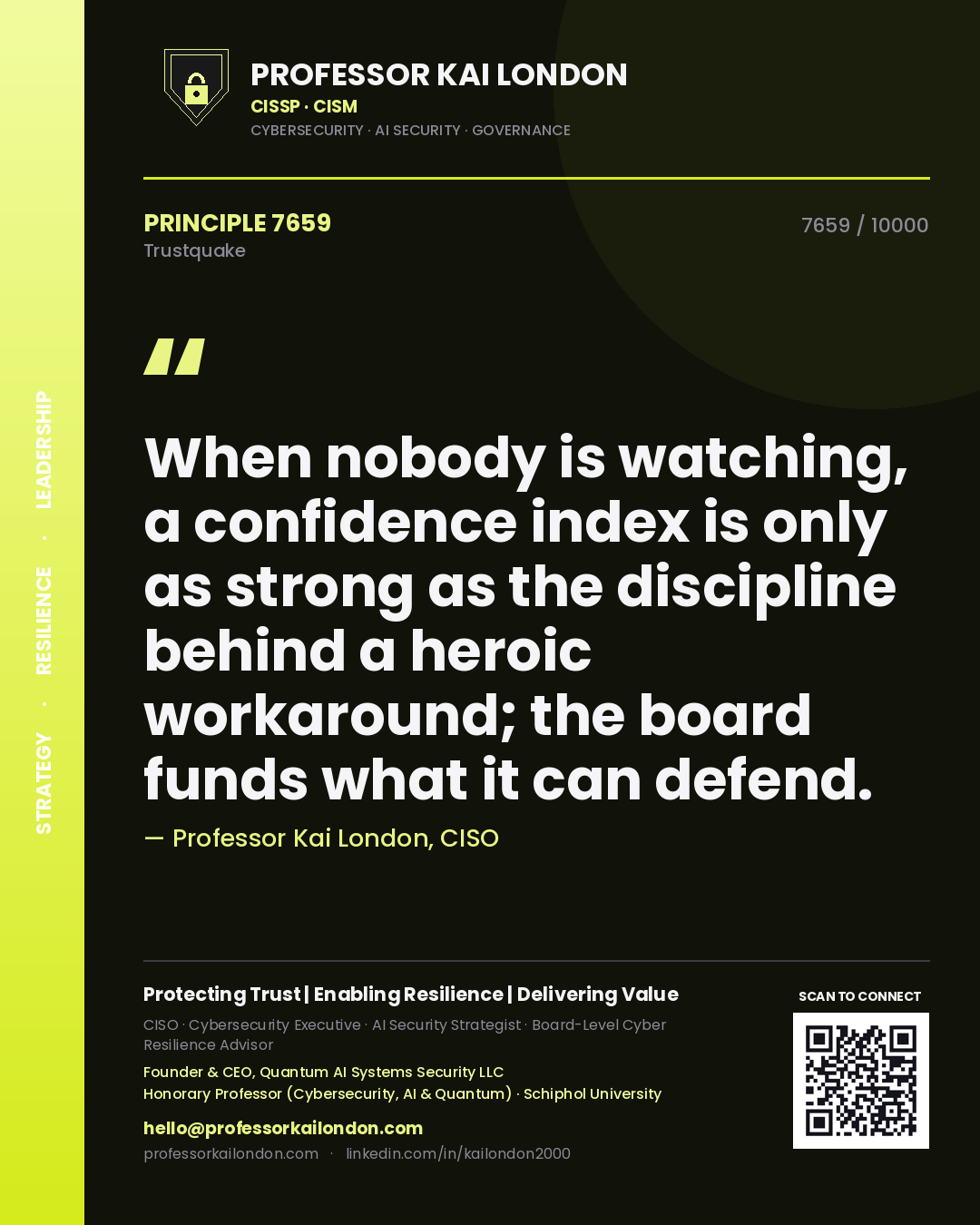 Quote card by Professor Kai London reading 'When nobody is watching, a confidence index is only as strong as the discipline behind a heroic workaround; the board funds what it can defend.'. From the book Trustquake.