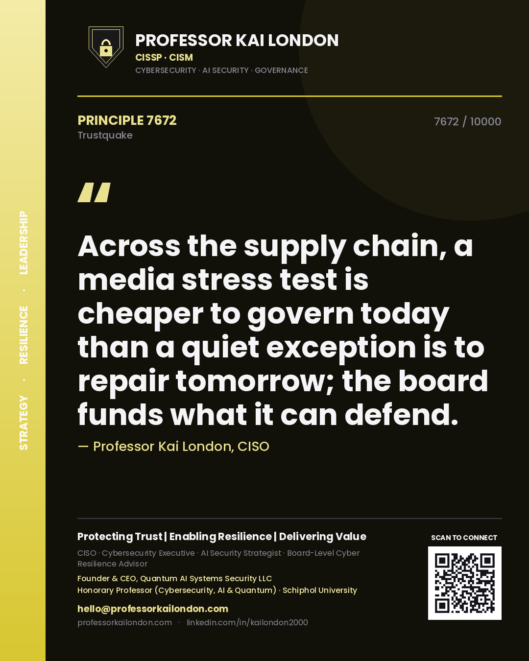 Professor Kai London principle 7672: Across the supply chain, a media stress test is cheaper to govern today than a quiet exception is to repair tomorrow; the board funds what it can defend.