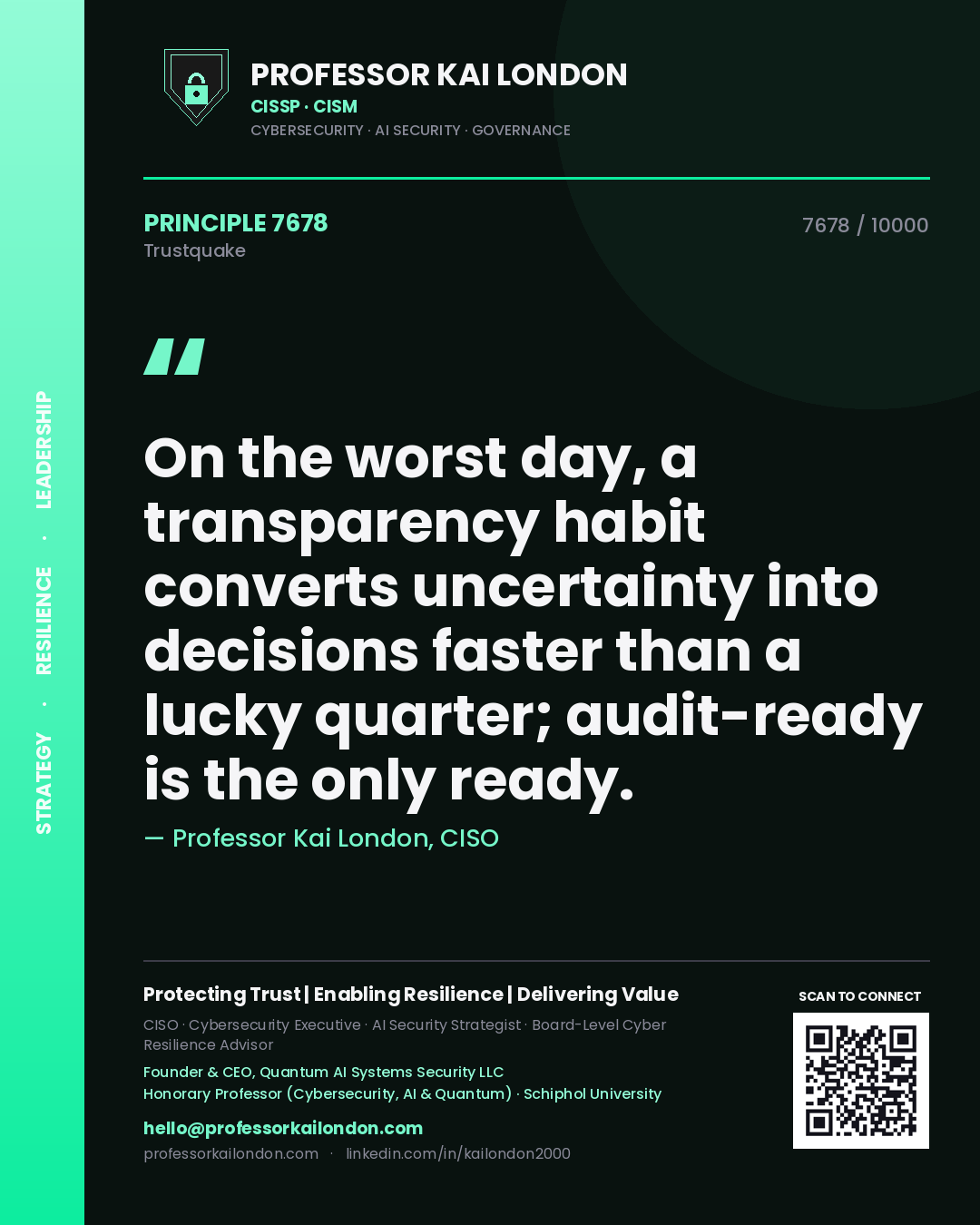 Quote card by Professor Kai London reading 'On the worst day, a transparency habit converts uncertainty into decisions faster than a lucky quarter; audit-ready is the only ready.'. From the book Trustquake.