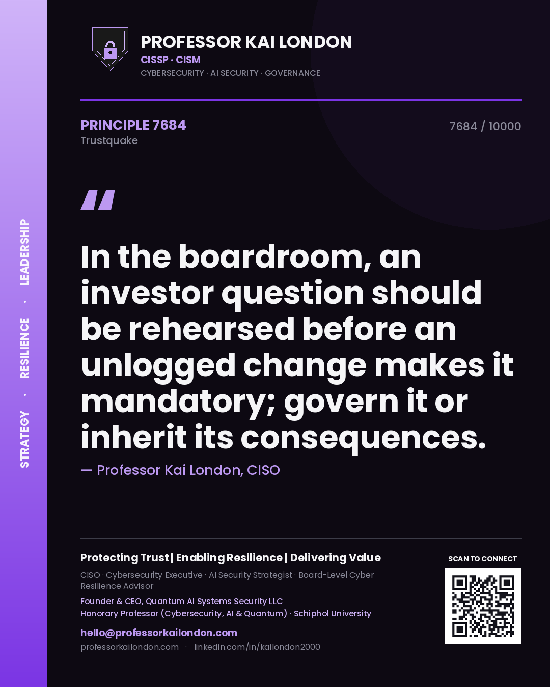 Quote card by Professor Kai London reading 'In the boardroom, an investor question should be rehearsed before an unlogged change makes it mandatory; govern it or inherit its consequences.'. From the book Trustquake.