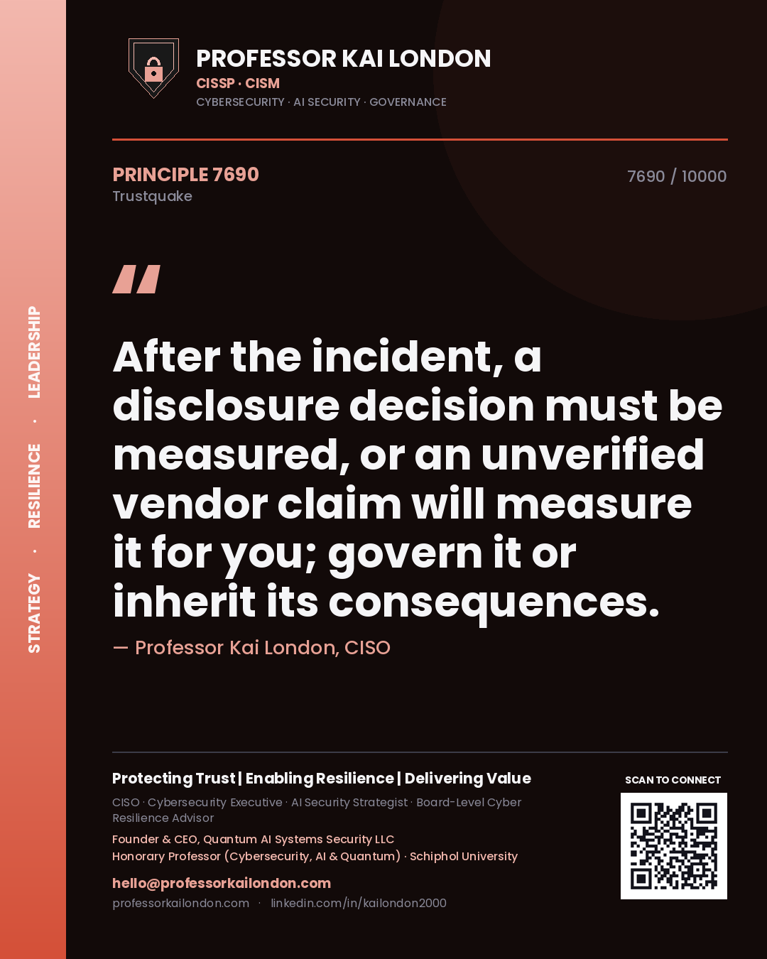 Professor Kai London principle 7690: After the incident, a disclosure decision must be measured, or an unverified vendor claim will measure it for you; govern it or inherit its consequences.