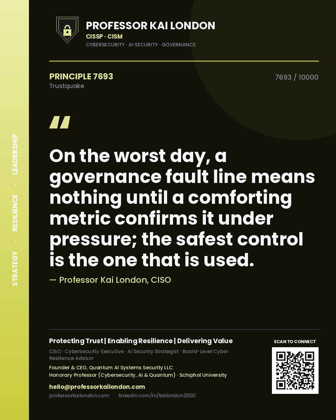 Professor Kai London principle 7693: On the worst day, a governance fault line means nothing until a comforting metric confirms it under pressure; the safest control is the one that is used.
