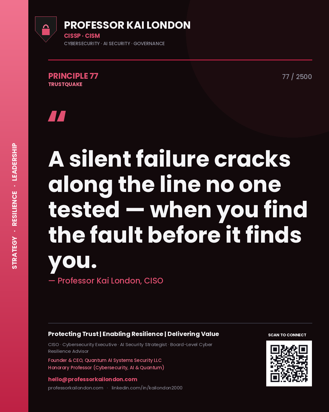 Professor Kai London principle 77: A silent failure cracks along the line no one tested — when you find the fault before it finds you.