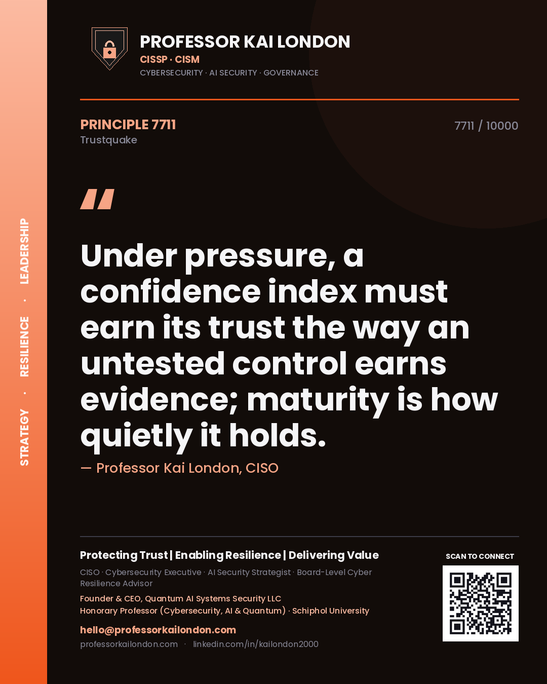 Quote card by Professor Kai London reading 'Under pressure, a confidence index must earn its trust the way an untested control earns evidence; maturity is how quietly it holds.'. From the book Trustquake.
