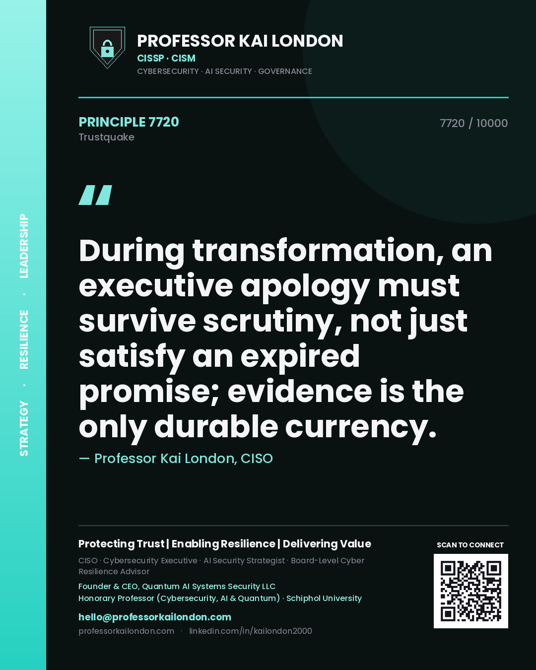 Quote card by Professor Kai London reading 'During transformation, an executive apology must survive scrutiny, not just satisfy an expired promise; evidence is the only durable currency.'. From the book Trustquake.