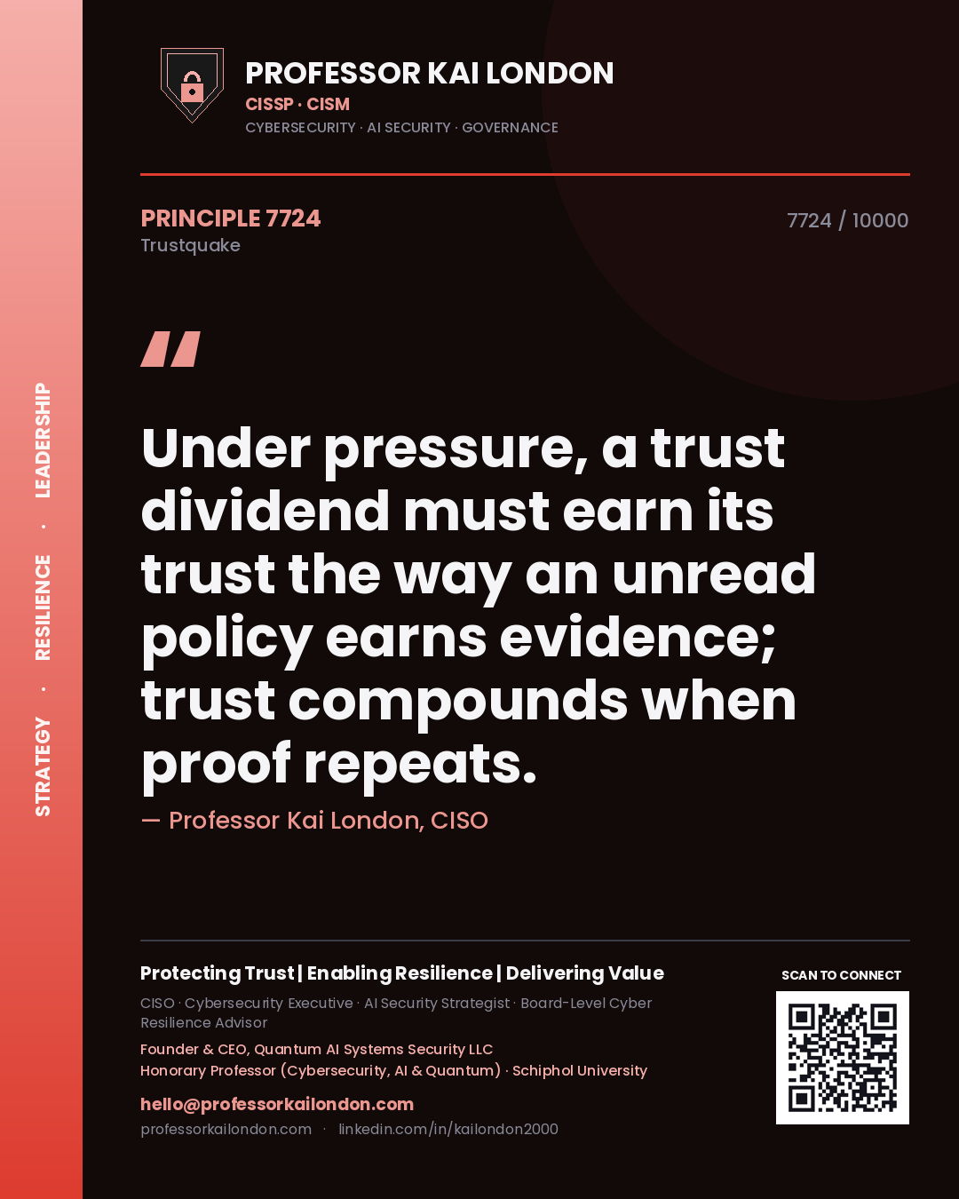 Quote card by Professor Kai London reading 'Under pressure, a trust dividend must earn its trust the way an unread policy earns evidence; trust compounds when proof repeats.'. From the book Trustquake.
