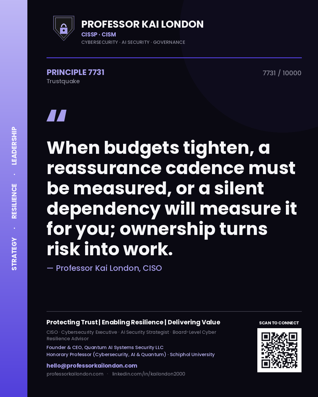Quote card by Professor Kai London reading 'When budgets tighten, a reassurance cadence must be measured, or a silent dependency will measure it for you; ownership turns risk into work.'. From the book Trustquake.