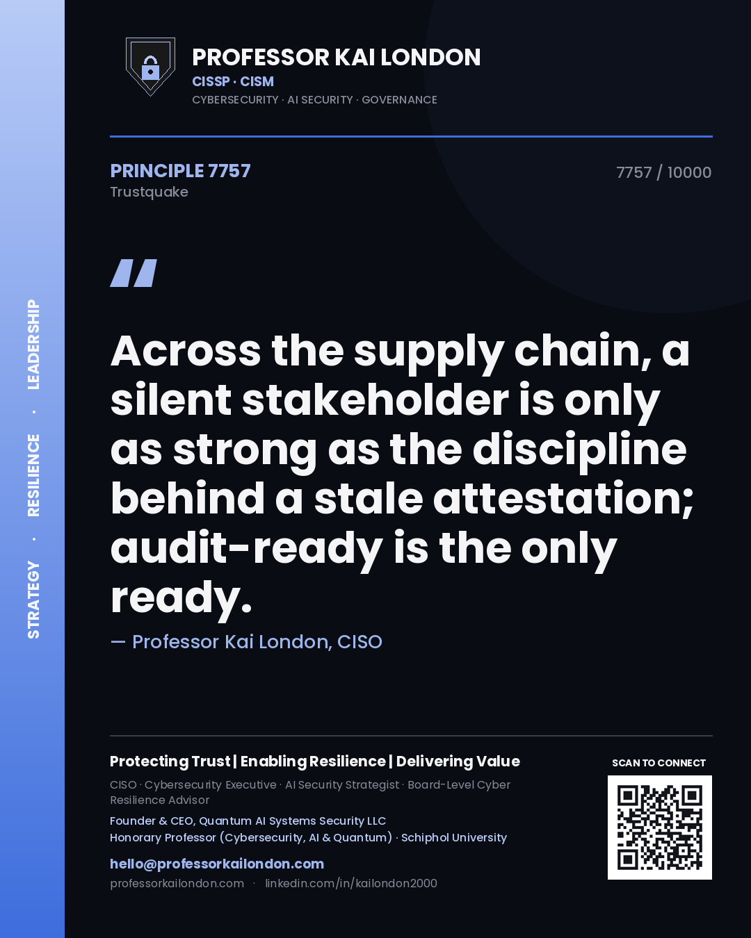 Quote card by Professor Kai London reading 'Across the supply chain, a silent stakeholder is only as strong as the discipline behind a stale attestation; audit-ready is the only ready.'. From the book Trustquake.