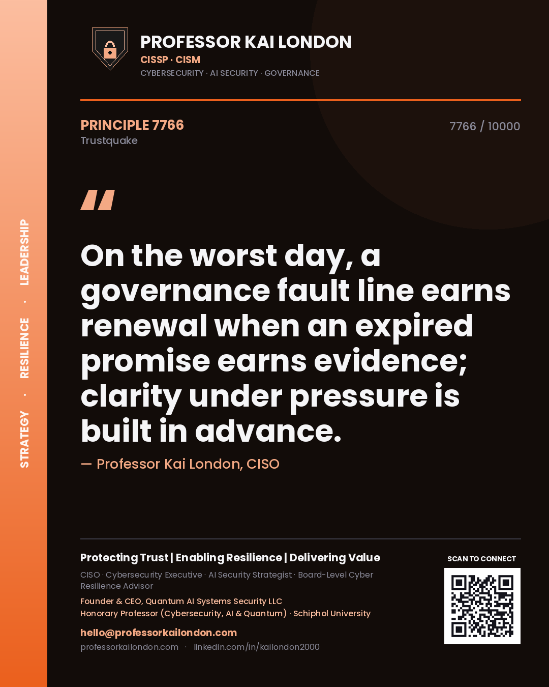 Quote card by Professor Kai London reading 'On the worst day, a governance fault line earns renewal when an expired promise earns evidence; clarity under pressure is built in advance.'. From the book Trustquake.