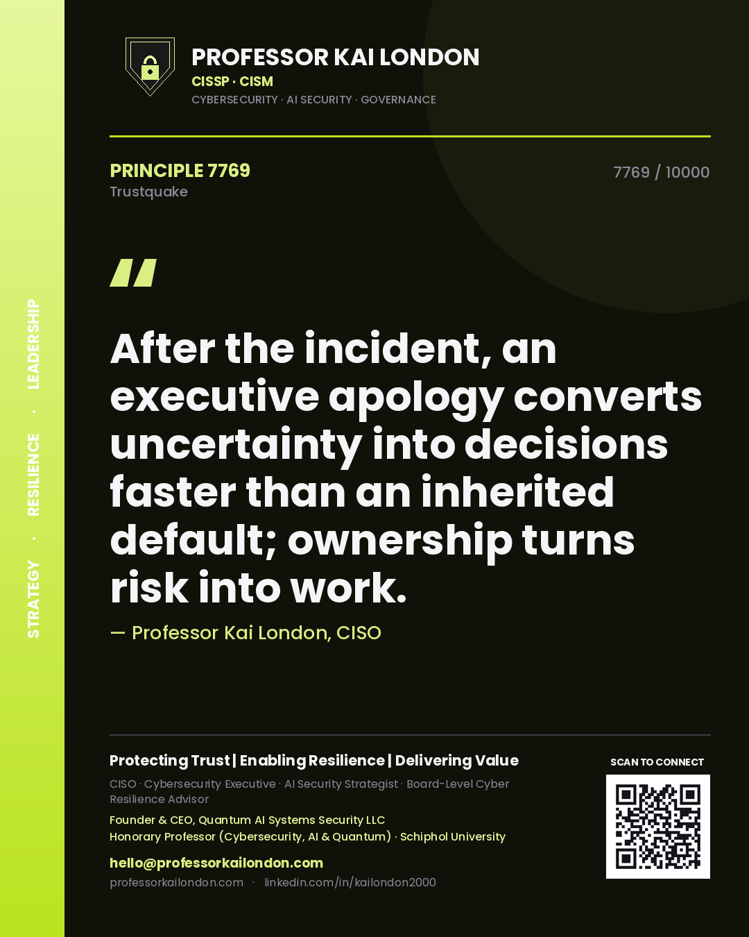 Quote card by Professor Kai London reading 'After the incident, an executive apology converts uncertainty into decisions faster than an inherited default; ownership turns risk into work.'. From the book Trustquake.