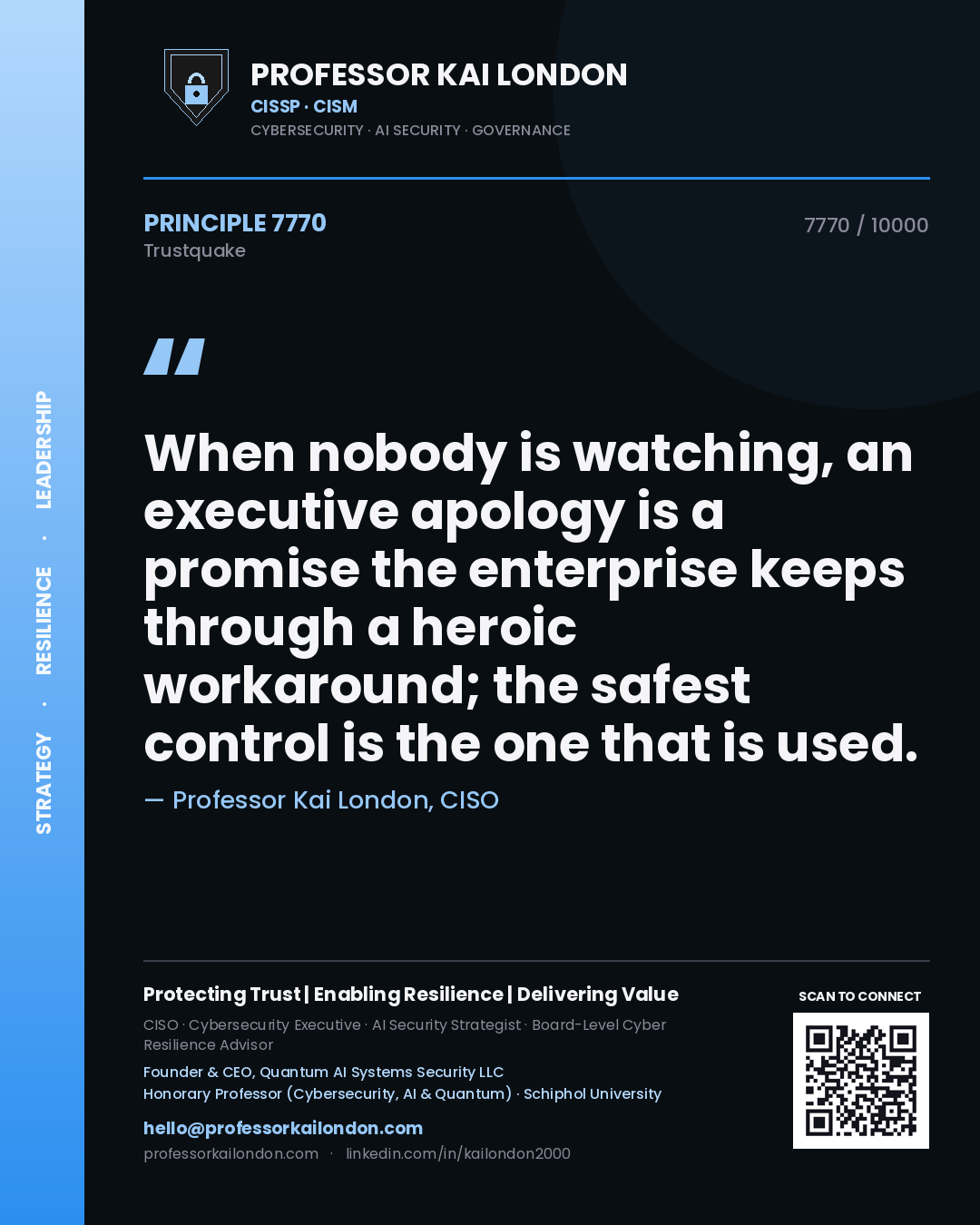 Quote card by Professor Kai London reading 'When nobody is watching, an executive apology is a promise the enterprise keeps through a heroic workaround; the safest control is the one that is used.'. From the book Trustquake.