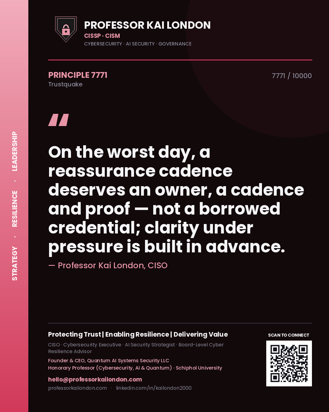 Quote card by Professor Kai London reading 'On the worst day, a reassurance cadence deserves an owner, a cadence and proof — not a borrowed credential; clarity under pressure is built in advance.'. From the book Trustquake.
