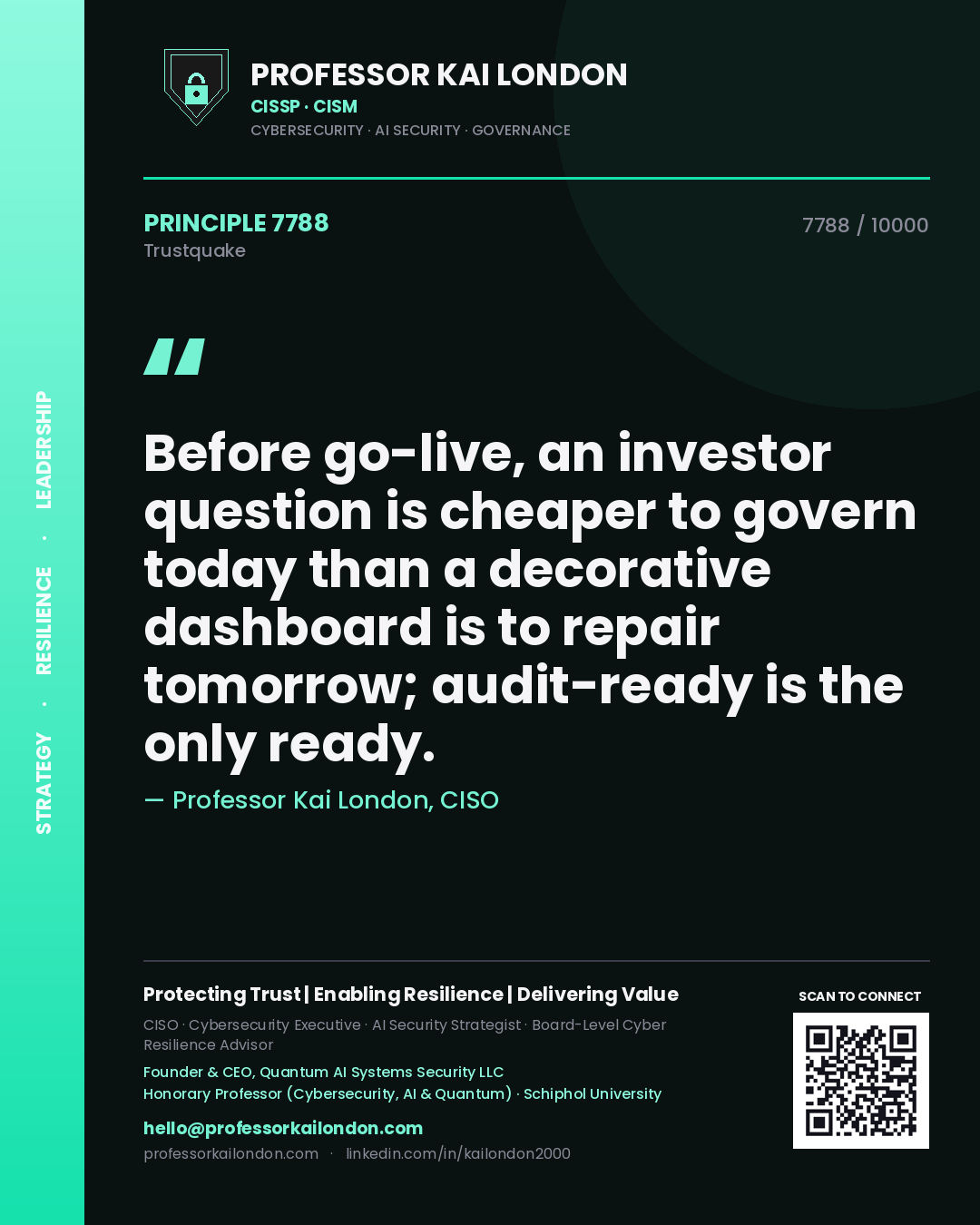 Quote card by Professor Kai London reading 'Before go-live, an investor question is cheaper to govern today than a decorative dashboard is to repair tomorrow; audit-ready is the only ready.'. From the book Trustquake.