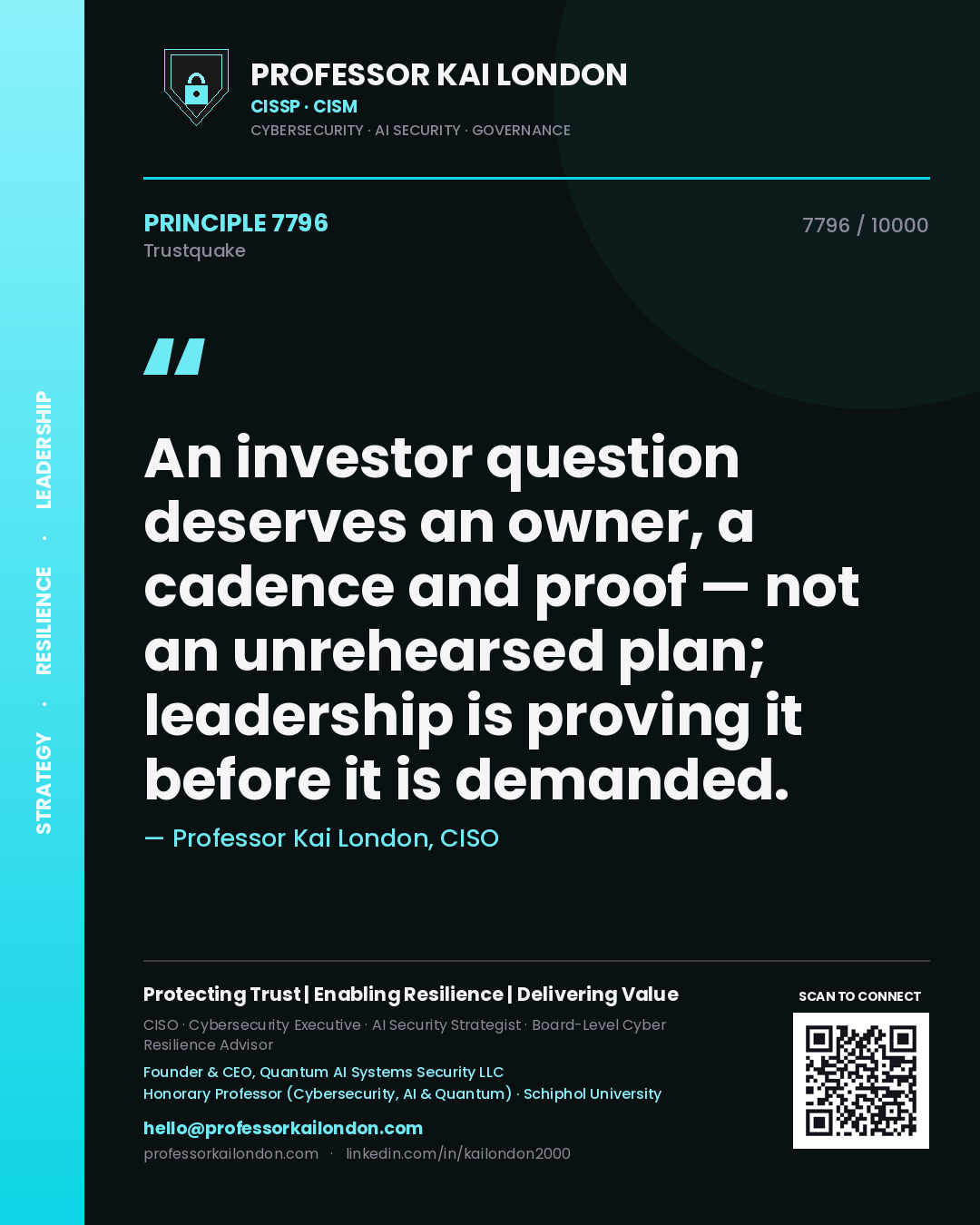 Quote card by Professor Kai London reading 'An investor question deserves an owner, a cadence and proof — not an unrehearsed plan; leadership is proving it before it is demanded.'. From the book Trustquake.