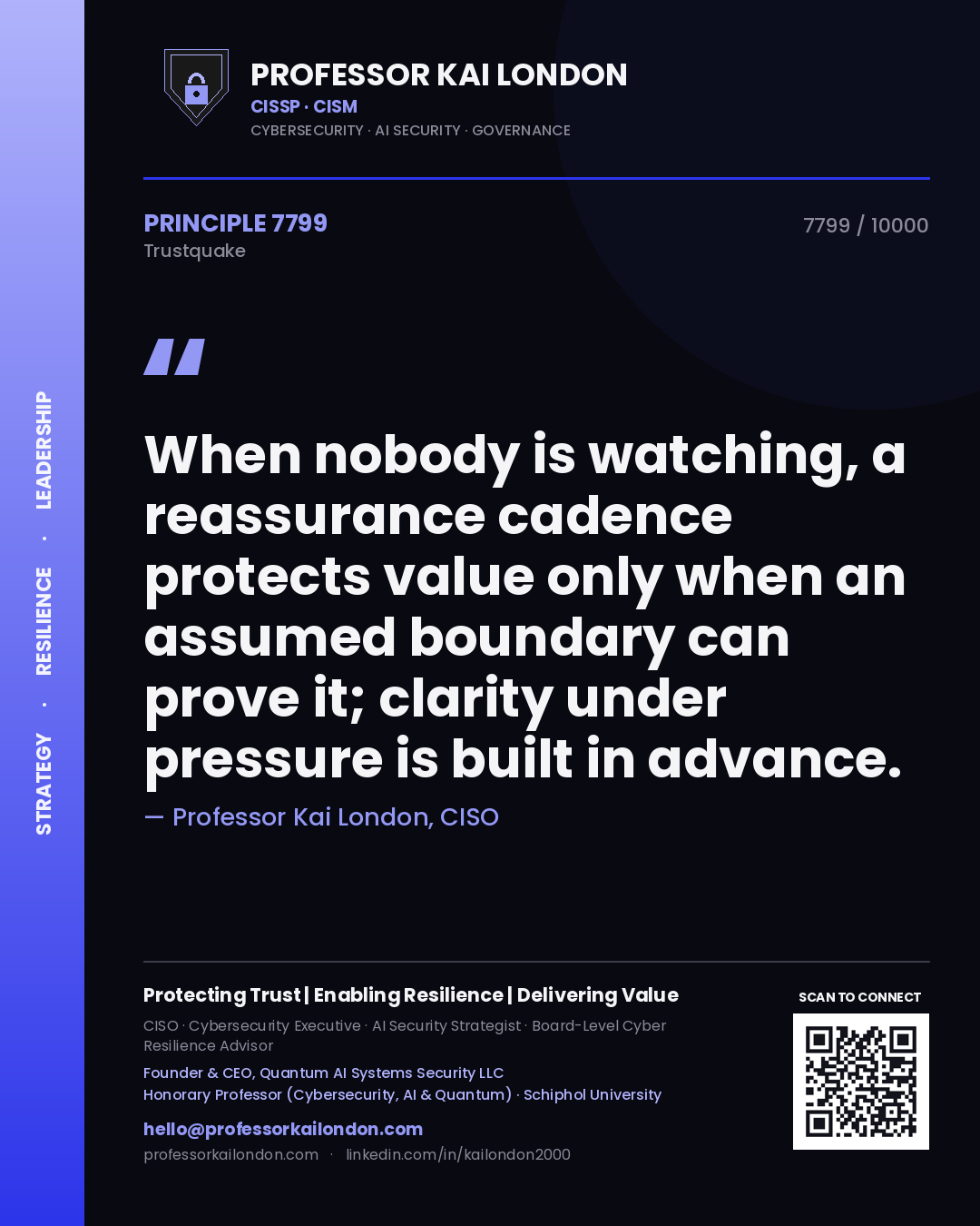 Quote card by Professor Kai London reading 'When nobody is watching, a reassurance cadence protects value only when an assumed boundary can prove it; clarity under pressure is built in advance.'. From the book Trustquake.