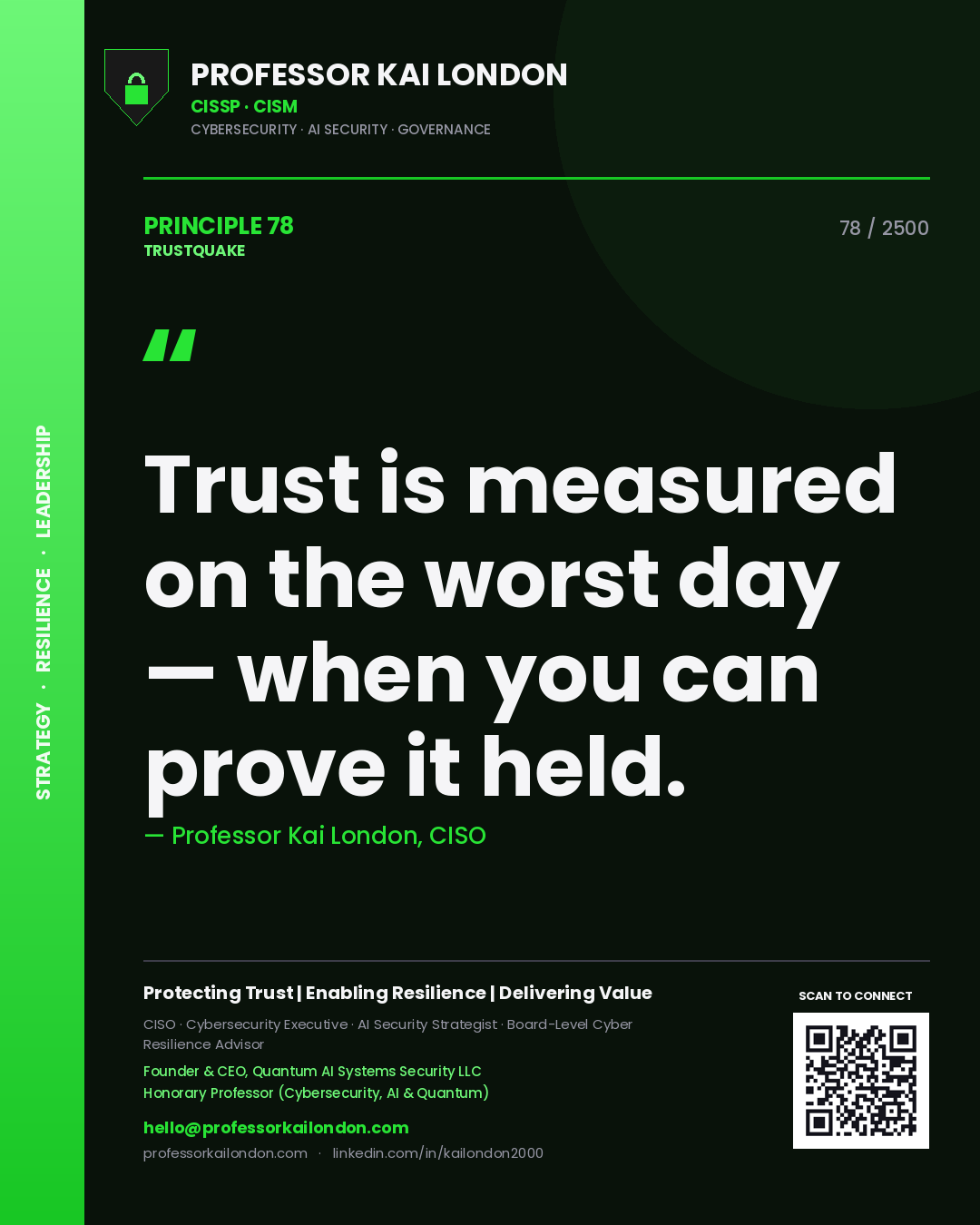 Professor Kai London principle 78: Trust is measured on the worst day — when you can prove it held.