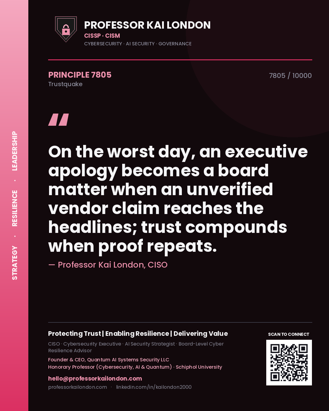 Quote card by Professor Kai London reading 'On the worst day, an executive apology becomes a board matter when an unverified vendor claim reaches the headlines; trust compounds when proof repeats.'. From the book Trustquake.