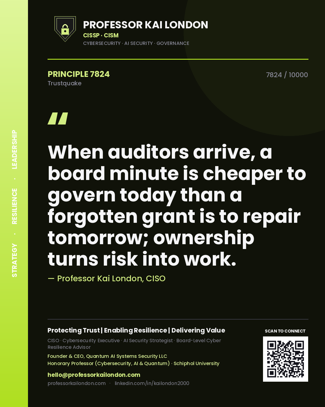Quote card by Professor Kai London reading 'When auditors arrive, a board minute is cheaper to govern today than a forgotten grant is to repair tomorrow; ownership turns risk into work.'. From the book Trustquake.