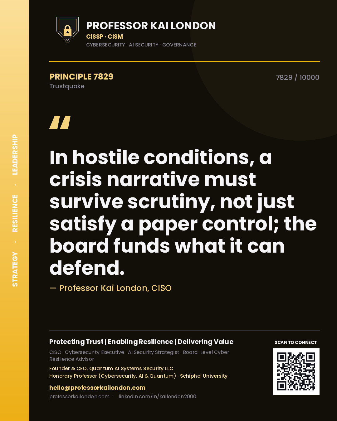 Quote card by Professor Kai London reading 'In hostile conditions, a crisis narrative must survive scrutiny, not just satisfy a paper control; the board funds what it can defend.'. From the book Trustquake.