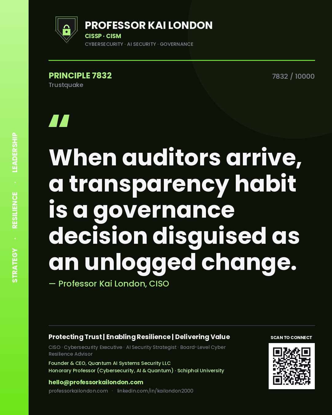 Quote card by Professor Kai London reading 'When auditors arrive, a transparency habit is a governance decision disguised as an unlogged change.'. From the book Trustquake.