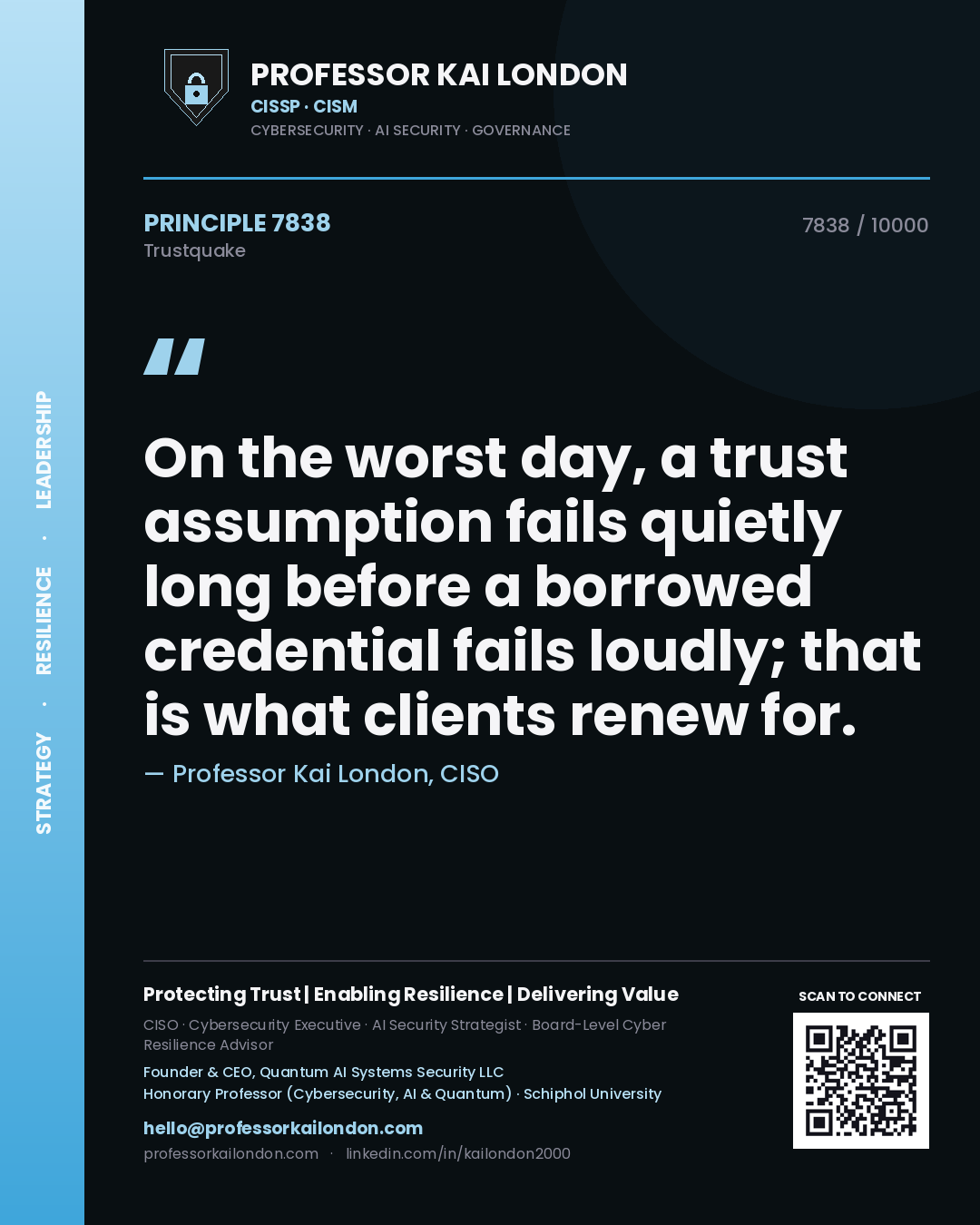 Quote card by Professor Kai London reading 'On the worst day, a trust assumption fails quietly long before a borrowed credential fails loudly; that is what clients renew for.'. From the book Trustquake.