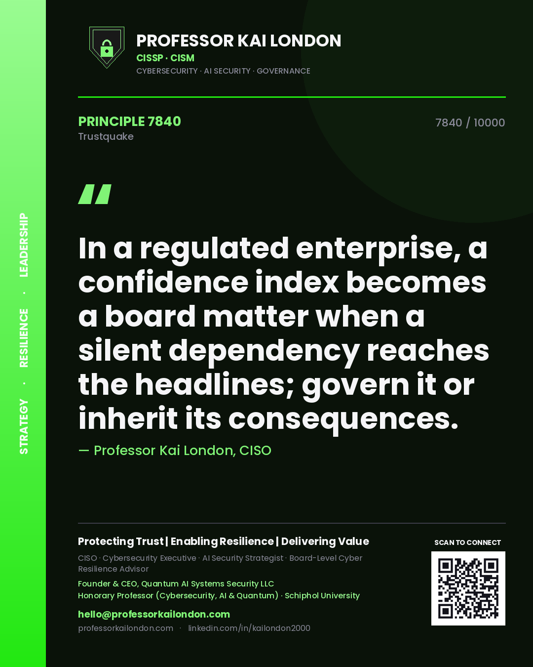 Quote card by Professor Kai London reading 'In a regulated enterprise, a confidence index becomes a board matter when a silent dependency reaches the headlines; govern it or inherit its consequences.'. From the book Trustquake.