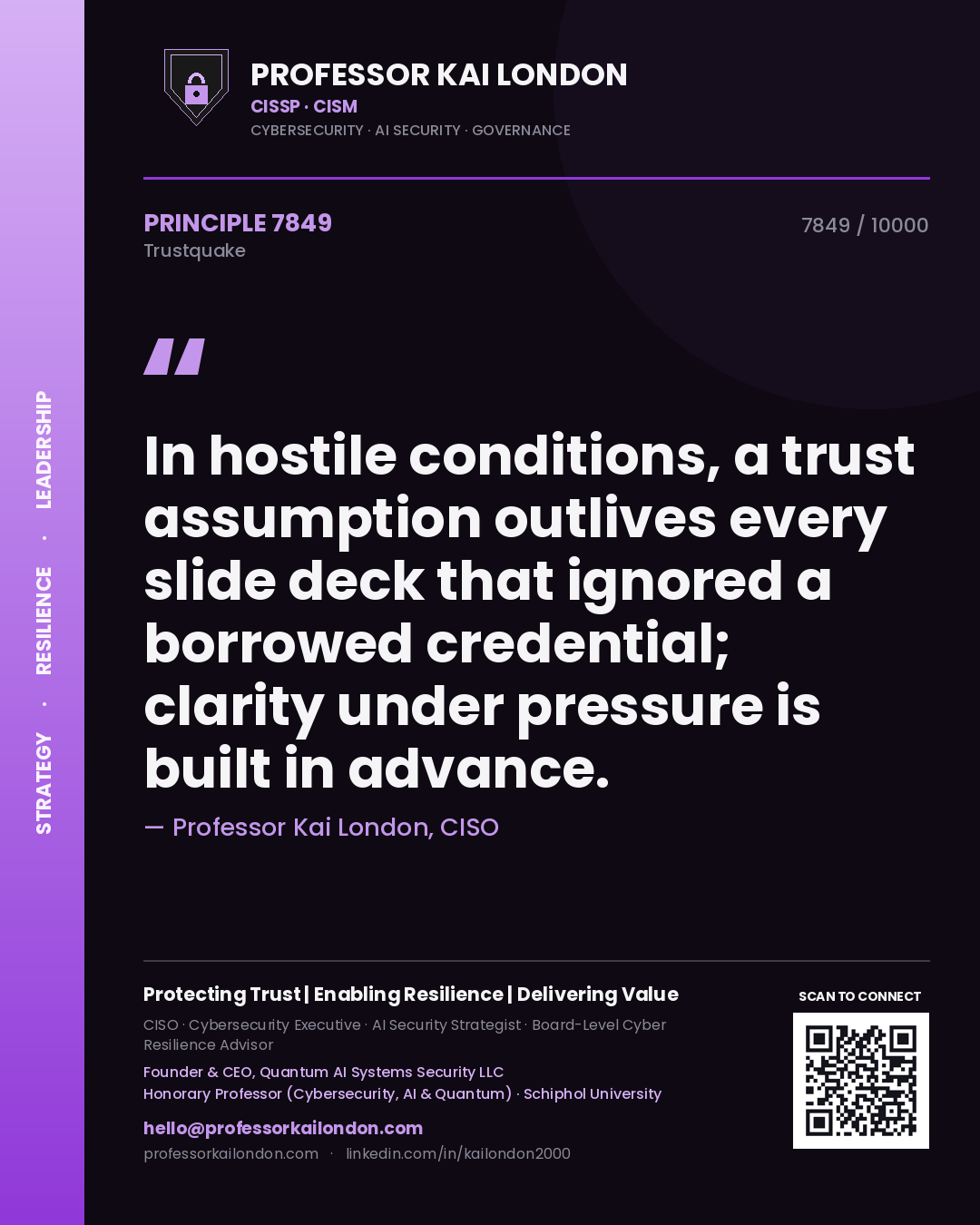 Quote card by Professor Kai London reading 'In hostile conditions, a trust assumption outlives every slide deck that ignored a borrowed credential; clarity under pressure is built in advance.'. From the book Trustquake.