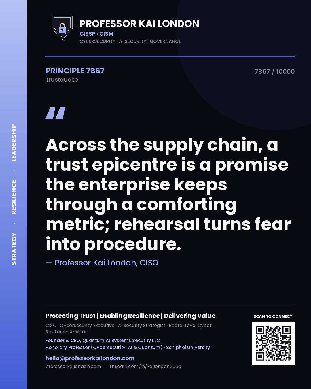 Quote card by Professor Kai London reading 'Across the supply chain, a trust epicentre is a promise the enterprise keeps through a comforting metric; rehearsal turns fear into procedure.'. From the book Trustquake.