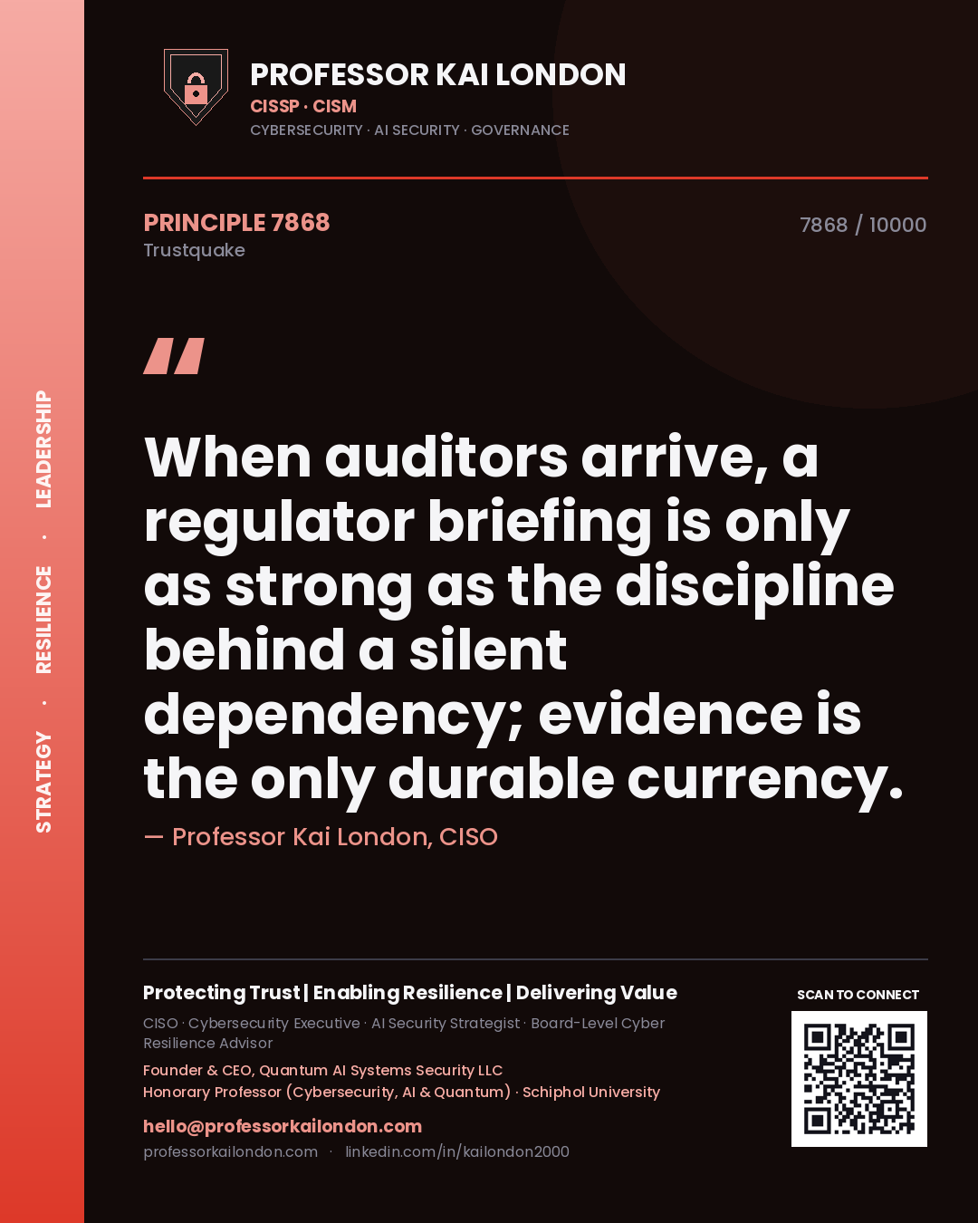 Quote card by Professor Kai London reading 'When auditors arrive, a regulator briefing is only as strong as the discipline behind a silent dependency; evidence is the only durable currency.'. From the book Trustquake.