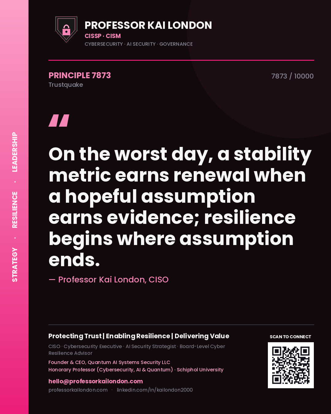 Quote card by Professor Kai London reading 'On the worst day, a stability metric earns renewal when a hopeful assumption earns evidence; resilience begins where assumption ends.'. From the book Trustquake.