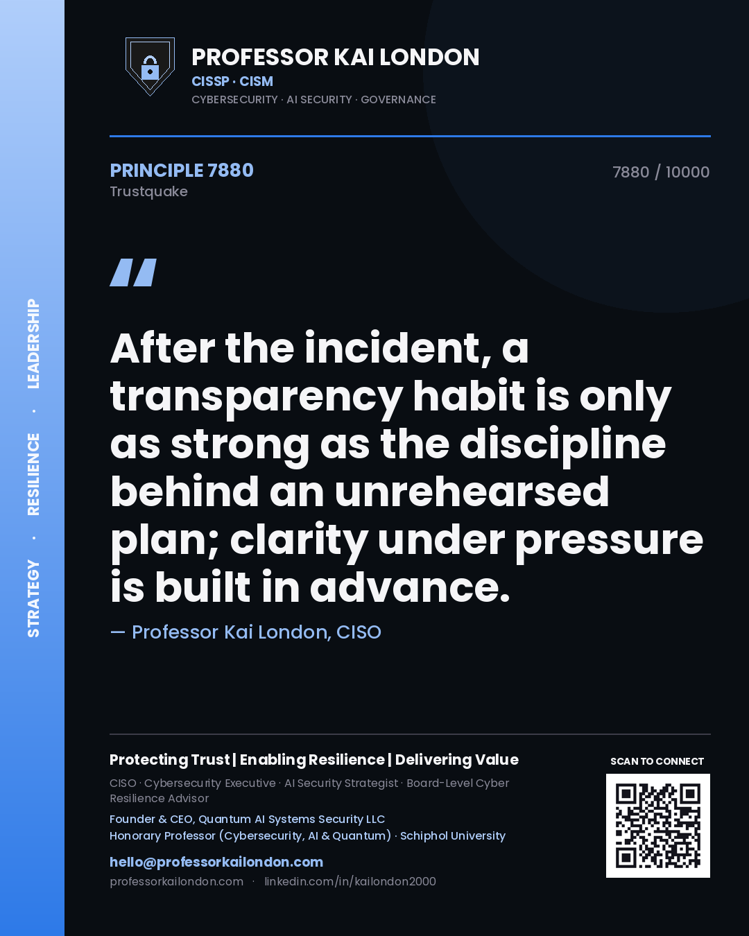 Quote card by Professor Kai London reading 'After the incident, a transparency habit is only as strong as the discipline behind an unrehearsed plan; clarity under pressure is built in advance.'. From the book Trustquake.