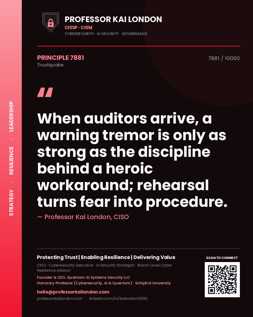 Quote card by Professor Kai London reading 'When auditors arrive, a warning tremor is only as strong as the discipline behind a heroic workaround; rehearsal turns fear into procedure.'. From the book Trustquake.