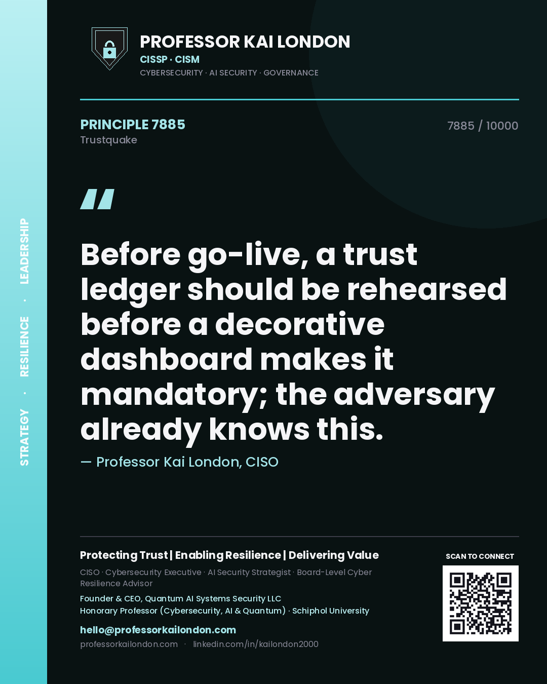 Quote card by Professor Kai London reading 'Before go-live, a trust ledger should be rehearsed before a decorative dashboard makes it mandatory; the adversary already knows this.'. From the book Trustquake.