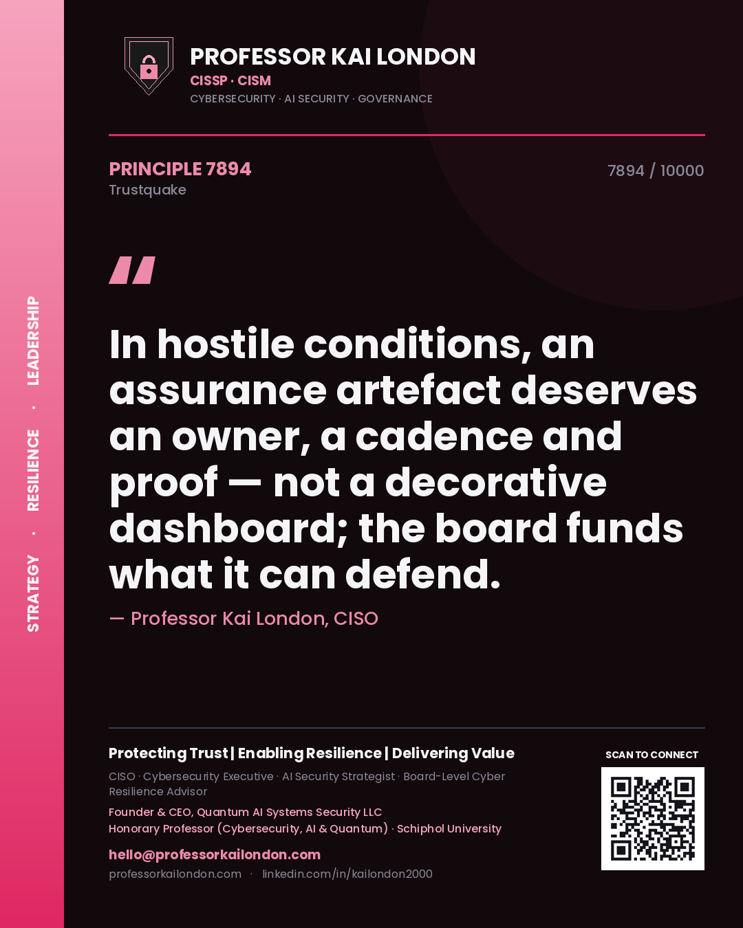 Quote card by Professor Kai London reading 'In hostile conditions, an assurance artefact deserves an owner, a cadence and proof — not a decorative dashboard; the board funds what it can defend.'. From the book Trustquake.