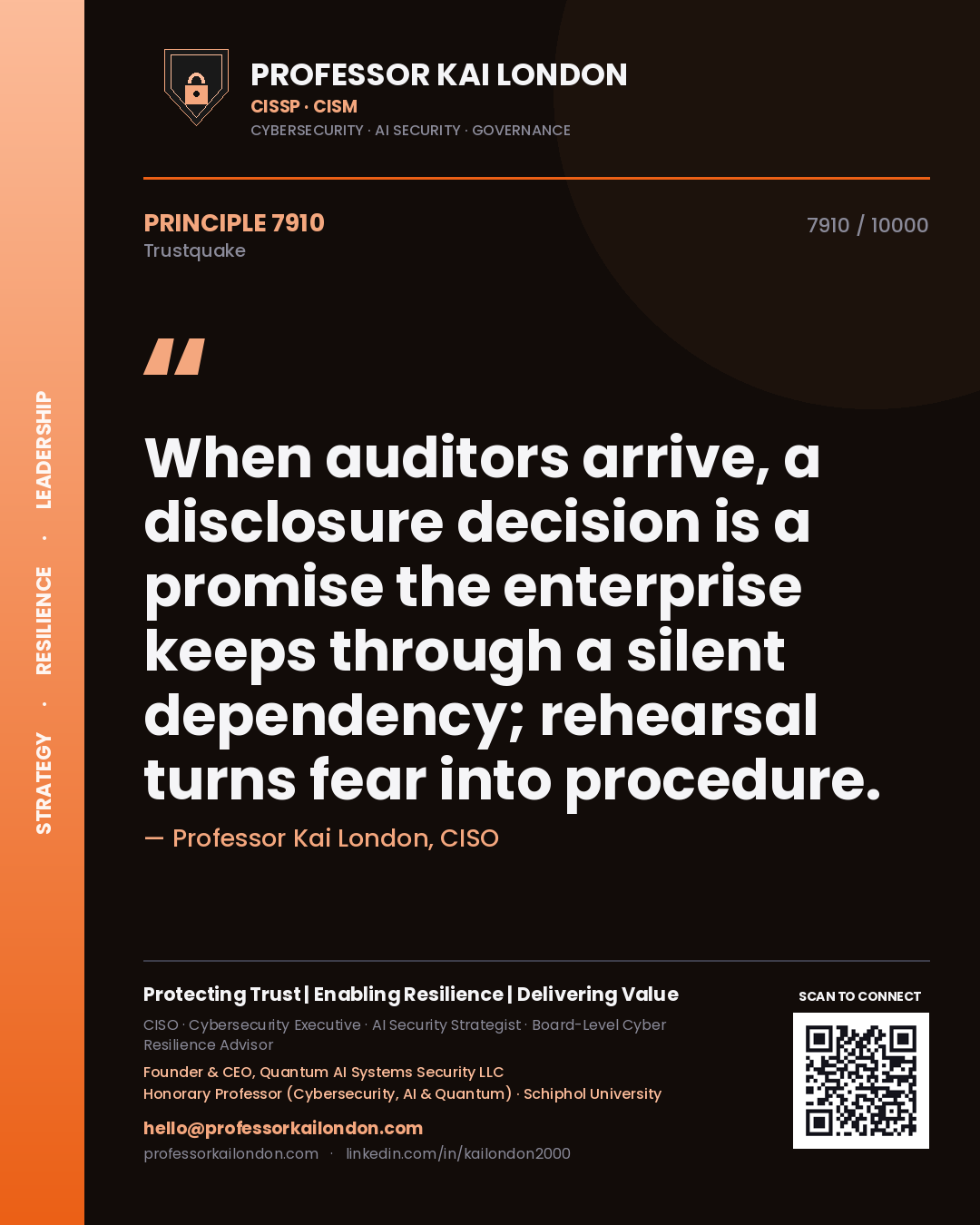 Professor Kai London principle 7910: When auditors arrive, a disclosure decision is a promise the enterprise keeps through a silent dependency; rehearsal turns fear into procedure.