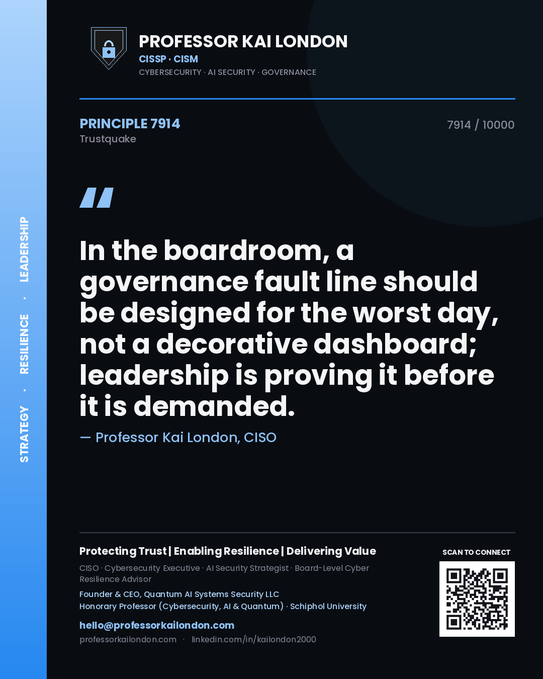 Quote card by Professor Kai London reading 'In the boardroom, a governance fault line should be designed for the worst day, not a decorative dashboard; leadership is proving it before it is demanded.'. From the book Trustquake.