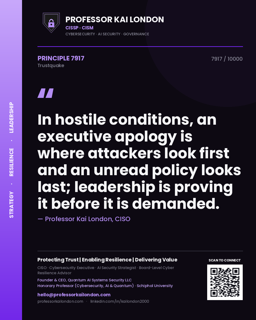 Quote card by Professor Kai London reading 'In hostile conditions, an executive apology is where attackers look first and an unread policy looks last; leadership is proving it before it is demanded.'. From the book Trustquake.
