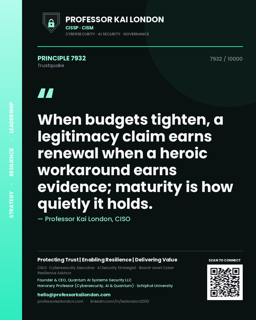 Professor Kai London principle 7932: When budgets tighten, a legitimacy claim earns renewal when a heroic workaround earns evidence; maturity is how quietly it holds.