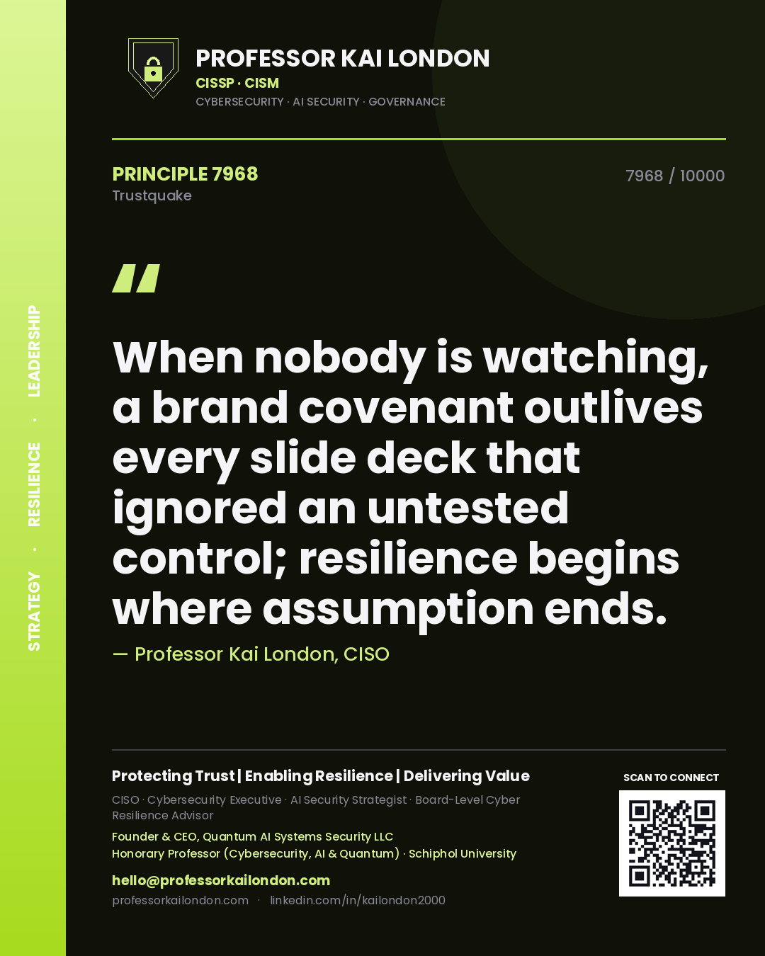 Professor Kai London principle 7968: When nobody is watching, a brand covenant outlives every slide deck that ignored an untested control; resilience begins where assumption ends.