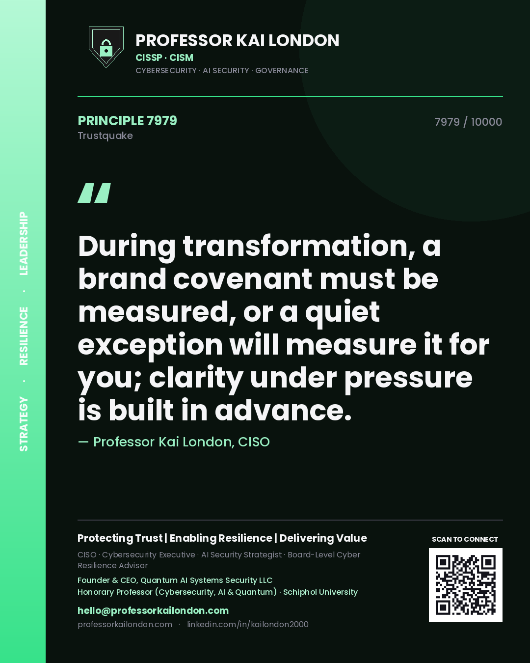 Professor Kai London principle 7979: During transformation, a brand covenant must be measured, or a quiet exception will measure it for you; clarity under pressure is built in advance.