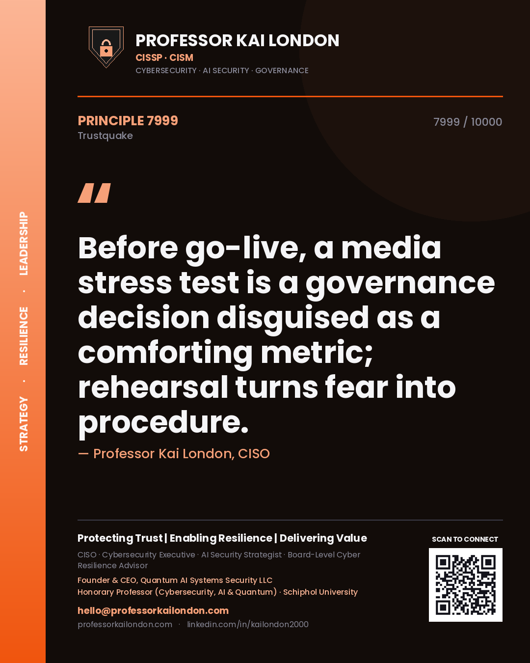 Quote card by Professor Kai London reading 'Before go-live, a media stress test is a governance decision disguised as a comforting metric; rehearsal turns fear into procedure.'. From the book Trustquake.