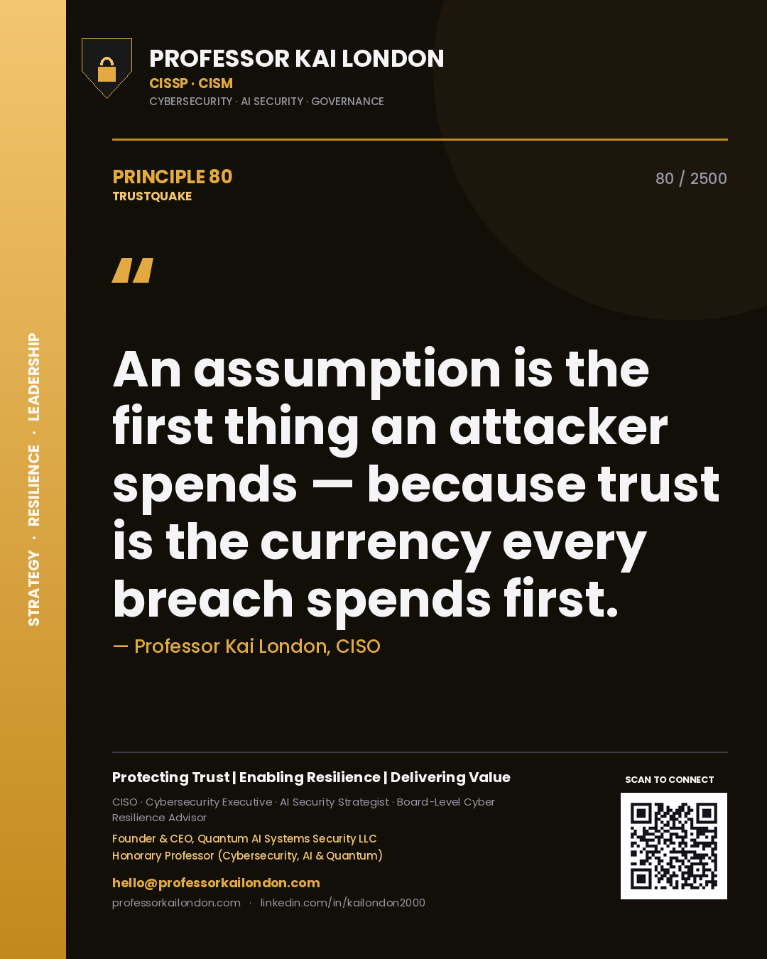 Professor Kai London principle 80: An assumption is the first thing an attacker spends — because trust is the currency every breach spends first.