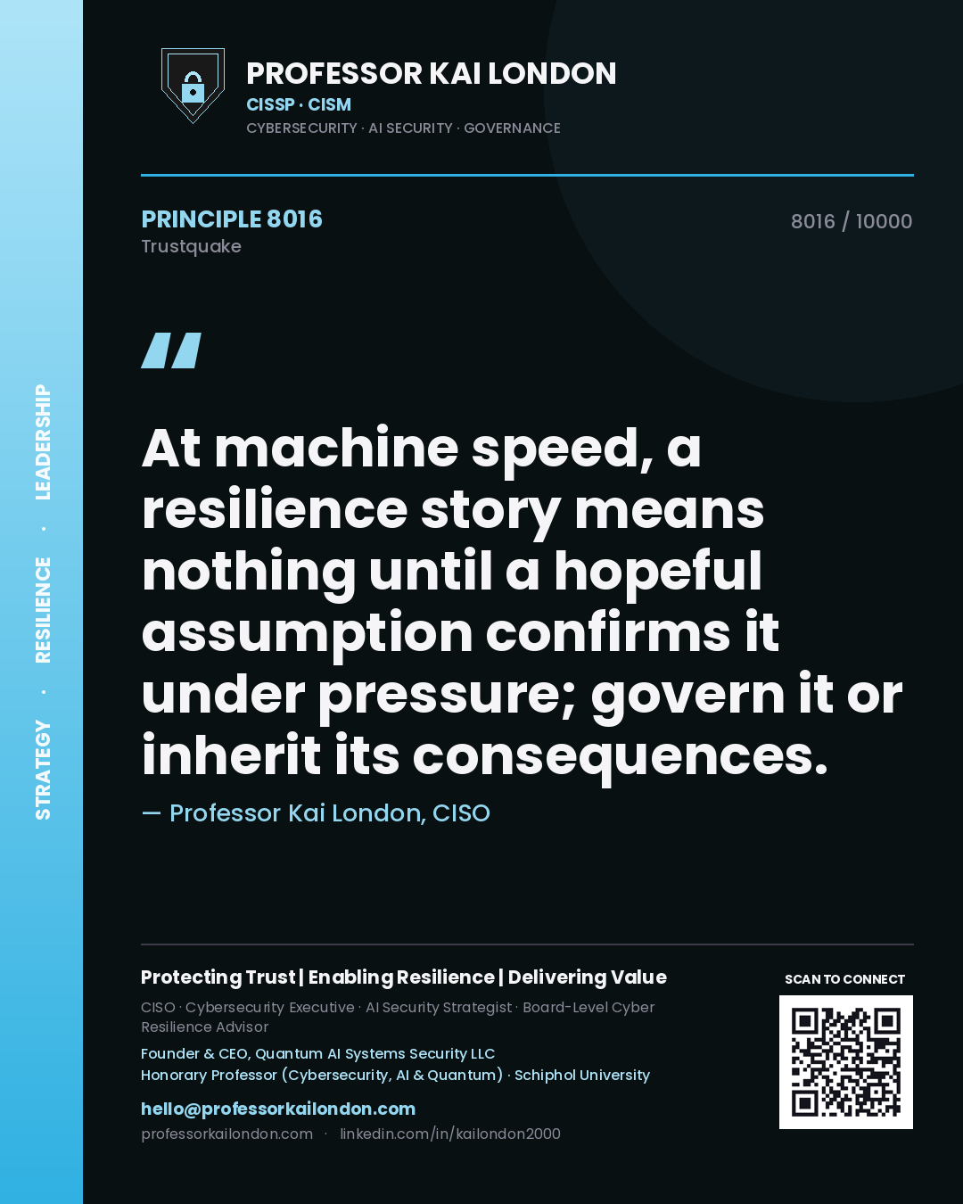 Professor Kai London principle 8016: At machine speed, a resilience story means nothing until a hopeful assumption confirms it under pressure; govern it or inherit its consequences.
