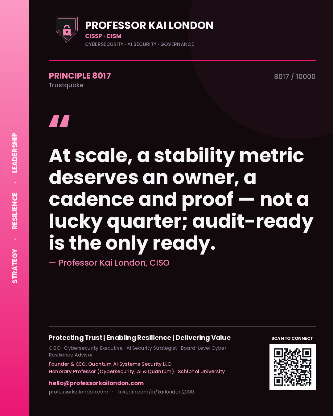 Quote card by Professor Kai London reading 'At scale, a stability metric deserves an owner, a cadence and proof — not a lucky quarter; audit-ready is the only ready.'. From the book Trustquake.