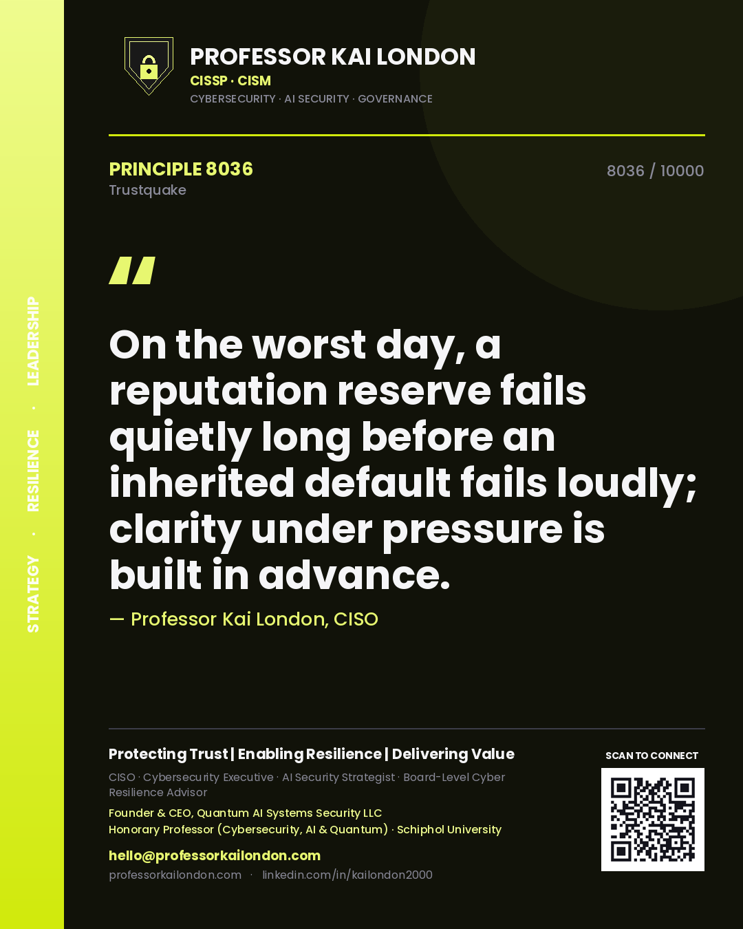 Professor Kai London principle 8036: On the worst day, a reputation reserve fails quietly long before an inherited default fails loudly; clarity under pressure is built in advance.